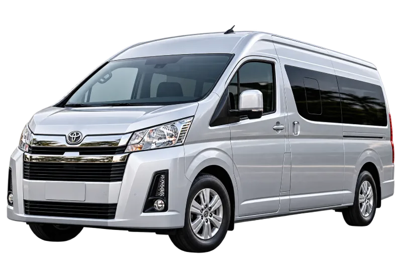 Silver Toyota HiAce van for Umrah group transport Jeddah Makkah Madinah